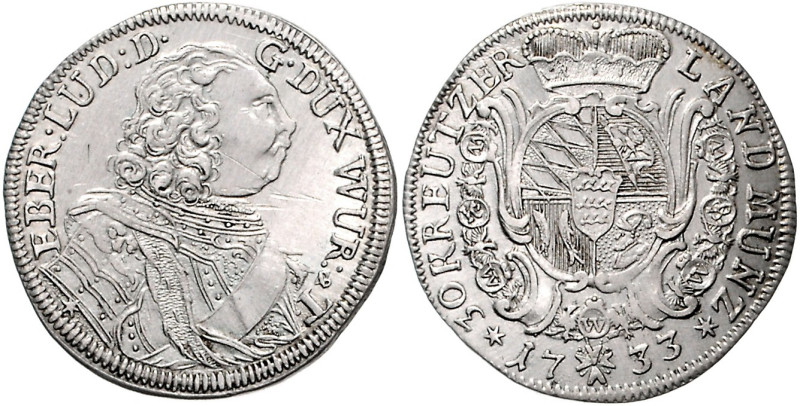 WÜRTTEMBERG, Eberhard Ludwig, 1693-1733, 30 Kreuzer 1733. 6,84g.
kl. Kr., f.vz...