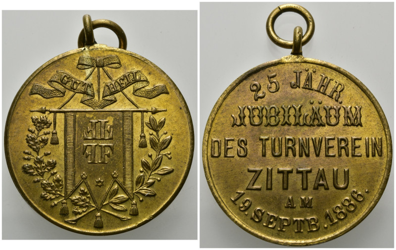 ZITTAU, STADT, Tragb. Br.-Med. 1886 a.d. 25jährige Jubiläum des Turnverein Zitta...