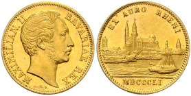 BAYERN, Maximilian II., 1848-1864, Rheingold-Dukat 1851, München. Kopf r., MAXIMILIAN II - BAVARIAE REX, CV. Rs.Stadtansicht von Speyer, EX AURO RHENI...