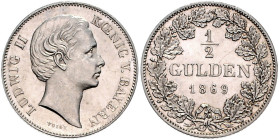 BAYERN, Ludwig II., 1864-1886, 1/2 Gulden 1869. 5,23g.
min. Kr., vz-st
AKS 180, J.102, KM 492
