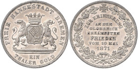 BREMEN, Freie Hansestadt, Taler 1871. Siegestaler. 17,54g.
kl. Kr., vz+/st
AKS 16, J.26, Dav.628