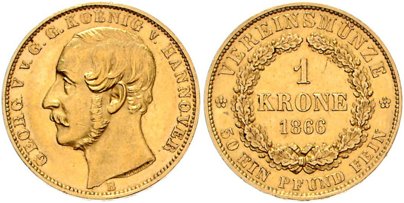 HANNOVER, Georg V., 1851-1866, Vereinskrone 1866 B. 11,10g.
GOLD, kl.Kr., ss/f....