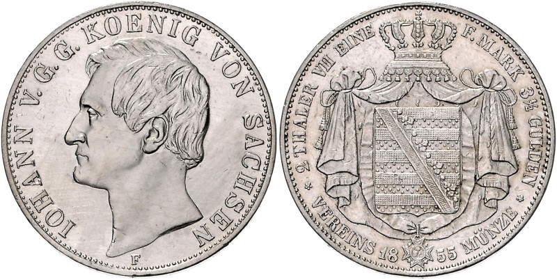 SACHSEN, Johann, 1854-1873, Doppeltaler 1855 F.
vz+
AKS 125, T.337, Dav.886