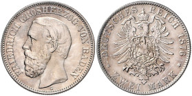 BADEN, Friedrich I., 1856-1907, 2 Mark 1876 G.
vz
J.26
