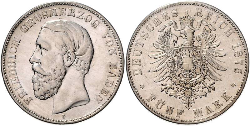 BADEN, Friedrich I., 1856-1907, 5 Mark 1875 G.
ss+
J.27