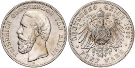 BADEN, Friedrich I., 1856-1907, 5 Mark 1899 G.
vz+
J.29