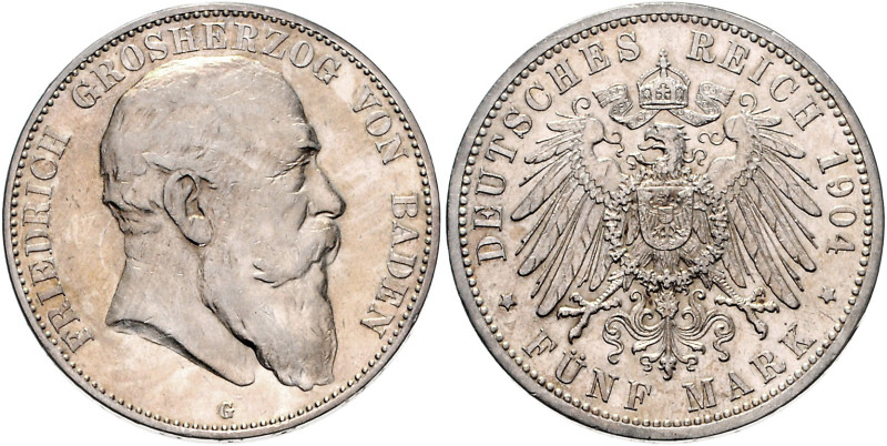 BADEN, Friedrich I., 1856-1907, 5 Mark 1904 G.
vz
J.33