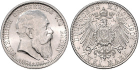 BADEN, Friedrich I., 1856-1907, 2 Mark 1907 G. Sein Tod.
st fein
J.36