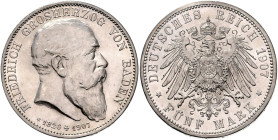BADEN, Friedrich I., 1856-1907, 5 Mark 1907 G. Sein Tod.
st
J.37