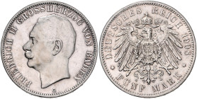 BADEN, Friedrich II., 1907-1918, 5 Mark 1908 G.
vz/st
J.40
