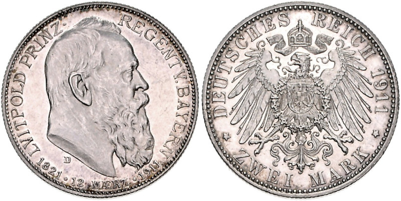 BAYERN, Luitpold, 1886-1912, 2 Mark 1911 D. 90.Geburtstag.
Erstabschlag
J.48