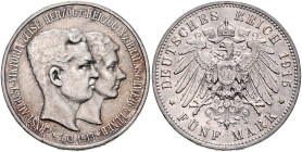 BRAUNSCHWEIG-LÜNEBURG, Ernst August, 1913-1918, 5 Mark 1915 A. Regierungsantritt. Mit Lüneburg.
ss/vz
J.58