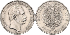 HESSEN, Ludwig III., 1848-1877, 5 Mark 1875 H.
vz/st
J.67