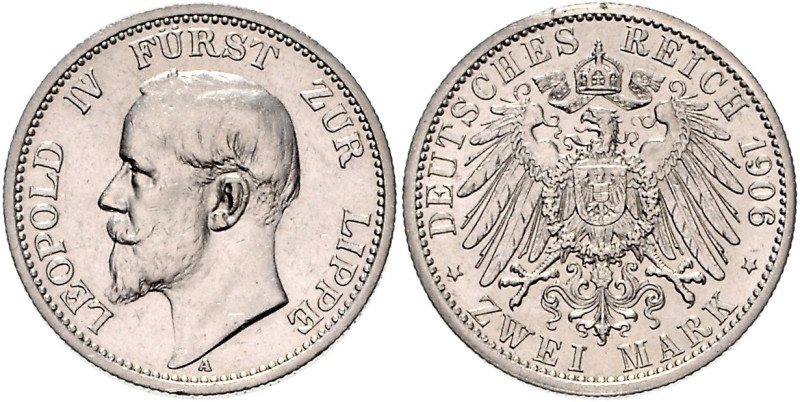 LIPPE, Leopold IV., 1904-1918, 2 Mark 1906 A.
vz
J.78