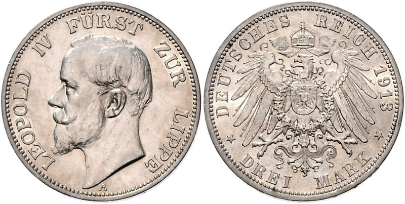 LIPPE, Leopold IV., 1904-1918, 3 Mark 1913 A.
st
J.79