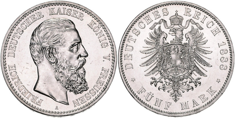 PREUSSEN, Friedrich III., 1888, 5 Mark 1888 A.
feine Kr., vz/vz+
J.99