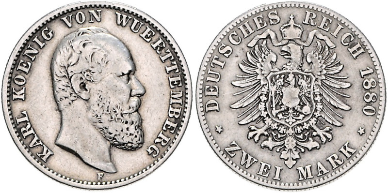 WÜRTTEMBERG, Karl, 1864-1891, 2 Mark 1880 F.
ss/vz
J.172