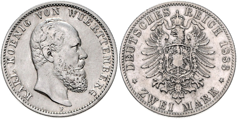 WÜRTTEMBERG, Karl, 1864-1891, 2 Mark 1883 F. 11,03g.
f.ss
J.172