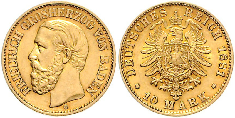 BADEN, Friedrich I., 1852-1907, 10 Mark 1881 G.
f.st/st
J.186