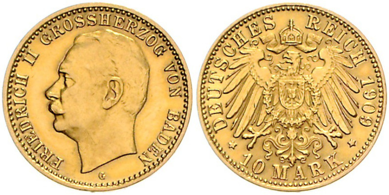 BADEN, Friedrich II., 1907-1918, 10 Mark 1909 G.
st
J.191