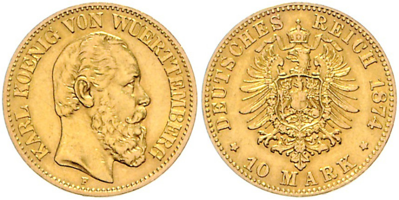 WÜRTTEMBERG, Karl, 1864-1891, 10 Mark 1874 F.
vz/st
J.292