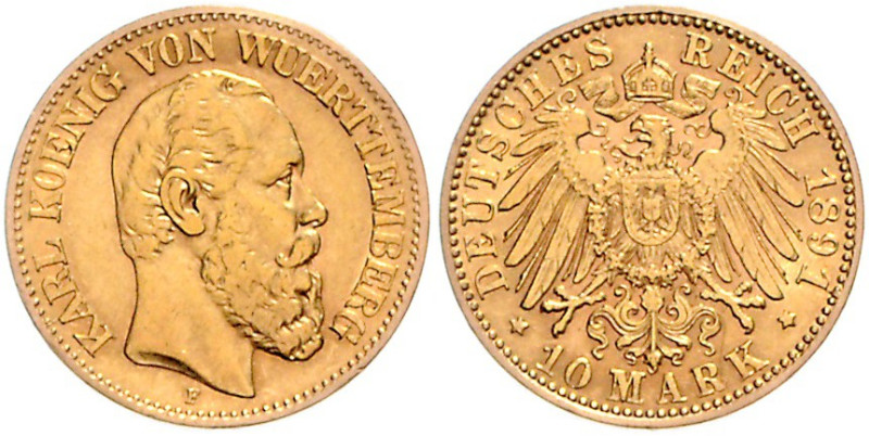 WÜRTTEMBERG, Karl, 1864-1891, 10 Mark 1891 F.
vz
J.294