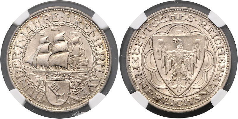 WEIMARER REPUBLIK, 1919-1933, 5 Reichsmark 1927 A. Bremerhaven.
NGC MS-63
J.32...