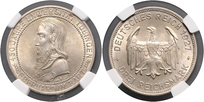 WEIMARER REPUBLIK, 1919-1933, 3 Reichsmark 1927 F. Tübingen.
NGC MS-63
J.328