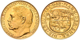 WEIMARER REPUBLIK, 1919-1933, Goldmed. 1928 von Karl Goetz. Goldpr. für 20 Mark Münze. Kopf l. Rs. Vierfeldiges Familienwappen. Rd.B.HAUPTMÜNZAMT O 90...
