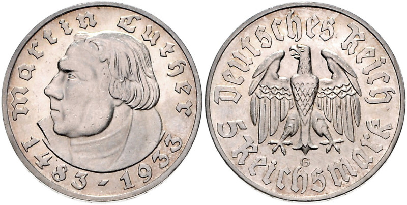 DRITTES REICH, 1933-1945, 5 Reichsmark 1933 G. Luther.
f.st
J.353