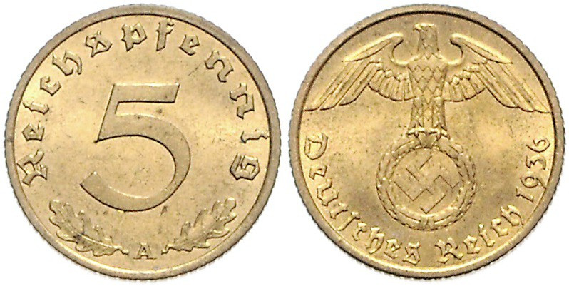 DRITTES REICH, 1933-1945, 5 Pfennig 1936 A.
feiner Belag, vz/st
J.363