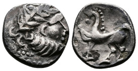 Middle Danube Tribes ''Kugelwange" type. AR Drachm (15mm, 2,17g.) Imitating the types of Philip II of Macedon. 3rd. Century BC. Celticized laureate he...