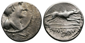 C. Postumius, after 73 BC. Celtic imitation of Republican AR Denarius (18,5 mm, 3,60 g.). Diademed bust of Diana right, wearing quiver and bow over sh...
