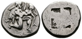 Islands off Thrace, Thasos. ca. 550-478 BC. AR Stater (20,6mm. 9,35 g.). First issue. Ithyphallic satyr advancing right, carrying off protesting nymph...