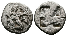 Islands off Thrace, Thasos. ca. 550-478 BC. AR Drachm (15,8 mm. 4,33 g.). First issue. Ithyphallic satyr advancing right, carrying off protesting nymp...