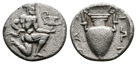 Islands off Thrace, Thasos. ca. 411-404 BC. AR Trihemiobol (11,7 mm. 0,85 g). Satyr kneeling right, holding kylix. Rev. ΘΑΣΙΩN, amphora. Le Rider 26; ...