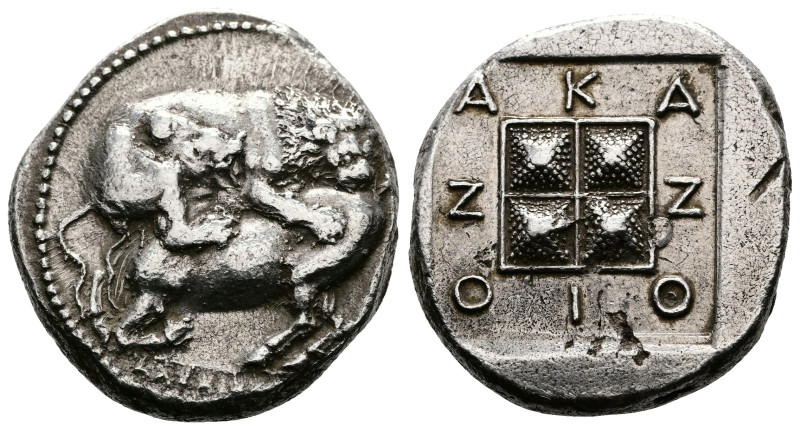 Macedon. Akanthos. AR Tetradrachm (23,9 mm. 14,2 g) Circa 424-390 BC. Lion, righ...