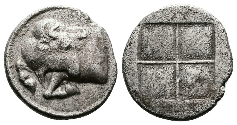 Macedon. Akanthos. AR Tetrobol (14,5 mm. 2,34 g.) Circa 430-390 BC. Forepart of ...