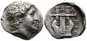 Macedon, Chalkidian League, Olynthos. Circa 420-379 BC. AR Tetradrachm. (24,8 mm. 14,2 g). Laureate head of Apollo right. Rev. ΧΑΛΚΙ-ΔΕΩΝ, Kithara wit...
