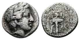 Macedon. Chalkidian League. Circa 425-420 BC. AR Obol (10mm, 1.07g.). Olynthos mint. Laureate head of Apollo right. Rev. Tripod. Unpublished in the st...