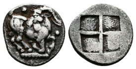 Thraco-Macedonian Tribes. Mygdones or Krestones. Circa 485-480 BC. 1/8 Stater (11 mm, 0,96 g.). Goat kneeling right, his head turned back to left; abo...