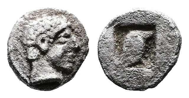 Macedon. Skione. Circa 480-470 BC. AR Hemiobol (7mm, 0,32 g.). Head of male righ...