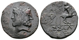Macedon. Thessalonica. Circa 187-168/7 BC. AE (22mm, 6,21 g). Laureate and bearded janiform head. Rev. The Dioskouroi on horseback left and right ΘEΣΣ...
