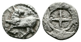 Thraco- Macedonian Tribes. Ichnai. Circa 485-470 BC. AR Eighth Stater – Diobol(?) (9,7mm, 0.66 g.). Bull crouching left, head right; floral ornament a...