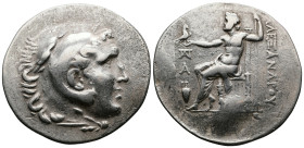 Kings of Macedon Alexander III the Great, 336-323 BC. Tetradrachm (37,5mm. 16,3g.). Myrina, circa 215-190 BC. Head of Herakles to right, wearing lion ...