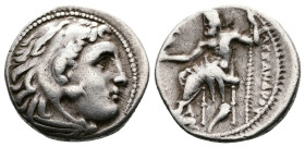 Kingdom of Macedon, Alexander III the Great AR Drachm (17,3mm. 4,2g.). Uncertain mint in Western Asia Minor, circa 323-280 BC. Head of Herakles to rig...