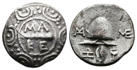 Kings of Macedon. Time of Philip V and Perseus, 187-168 BC. AR Tetrobol (14,7mm. 2,3g.). Pella or Amphipolis. Macedonian shield; on boss, MA-KE above ...