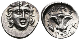 Islands off Caria, Rhodos. Rhodes. Circa 205-190 BC. AR Drachm (15,7mm. 2,4g.). struck under the magistrate Gorgos. Head of Helios facing slightly to ...