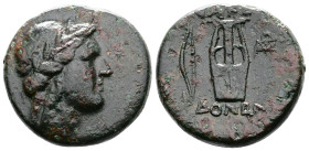 Kings of Macedon. Time of Philip V and Perseus. 187-168 BC. AE (22,5mm. 11,3g.). Laureate head of Apollo right. Rev. MAKE -ΔONΩN Lyre; bow to left, mo...