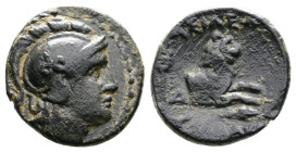 Kings of Thrace (Macedon). Lysimachos 305-281 BC. AE (13,5 mm, 2,02 g.) Helmeted head of Athena right. Rev. ΒΑΣΙΛΕΟΣ / ΛΥΣΙΜΑΧΟΥ. Forepart of a lion r...